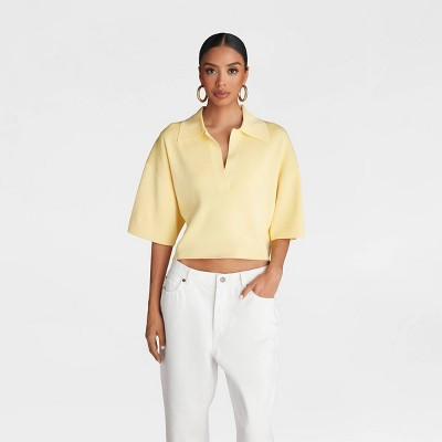 KBB by KAHLANA Women's Short Sleeve Boxy 'The Cropped Polo Sweater' - Yellow XL | Target