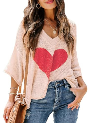 Saodimallsu Womens Cute Heart Sweaters Short Sleeve V Neck Valentines Tops Lightweight Knit Casual Shirts Beige | Amazon (US)