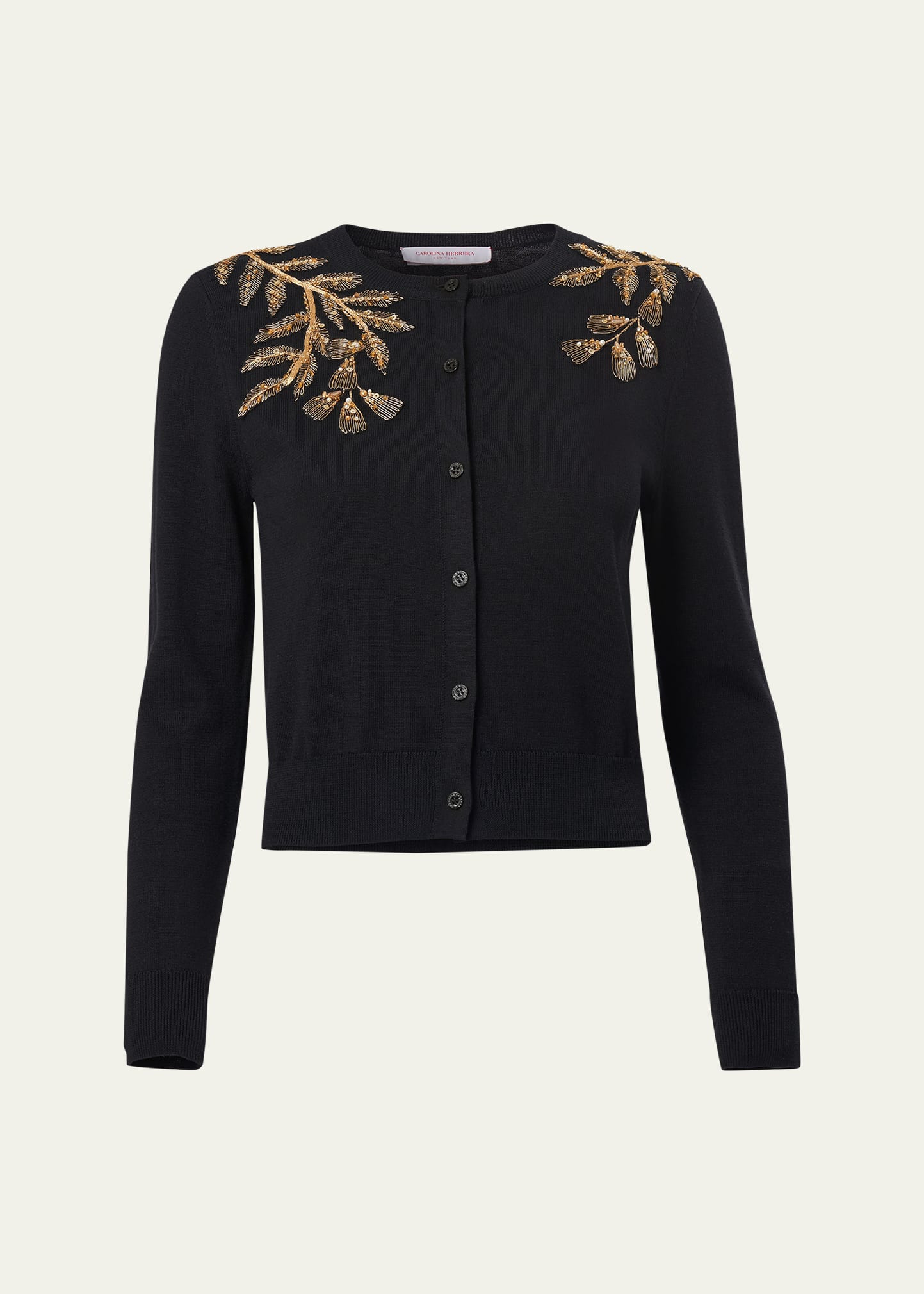 Carolina Herrera Gold Leaf-Embroidered Silk Cotton Cardigan | Bergdorf Goodman