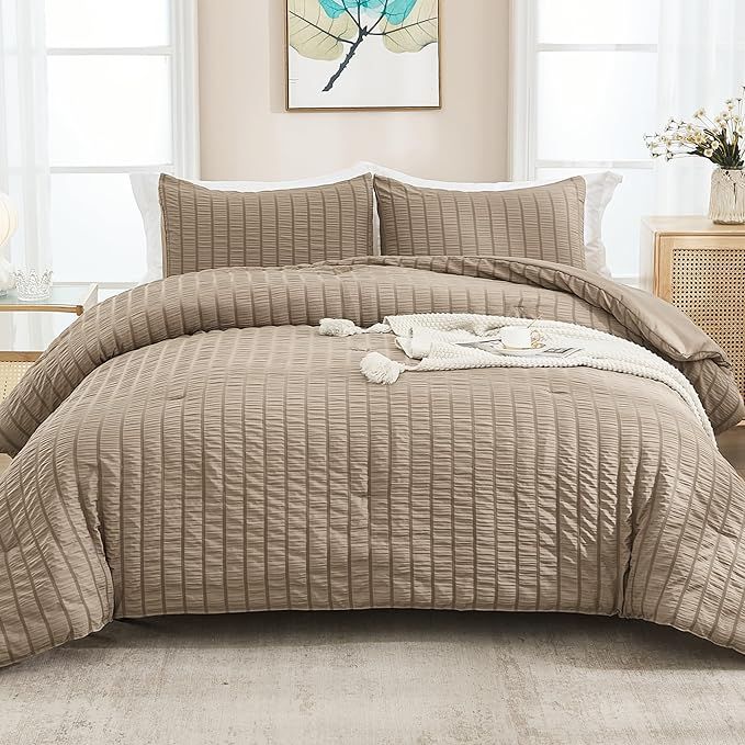 AveLom Taupe Seersucker Twin Comforter Set (68x90 inches), 2 Pieces-100% Soft Washed Microfiber L... | Amazon (US)
