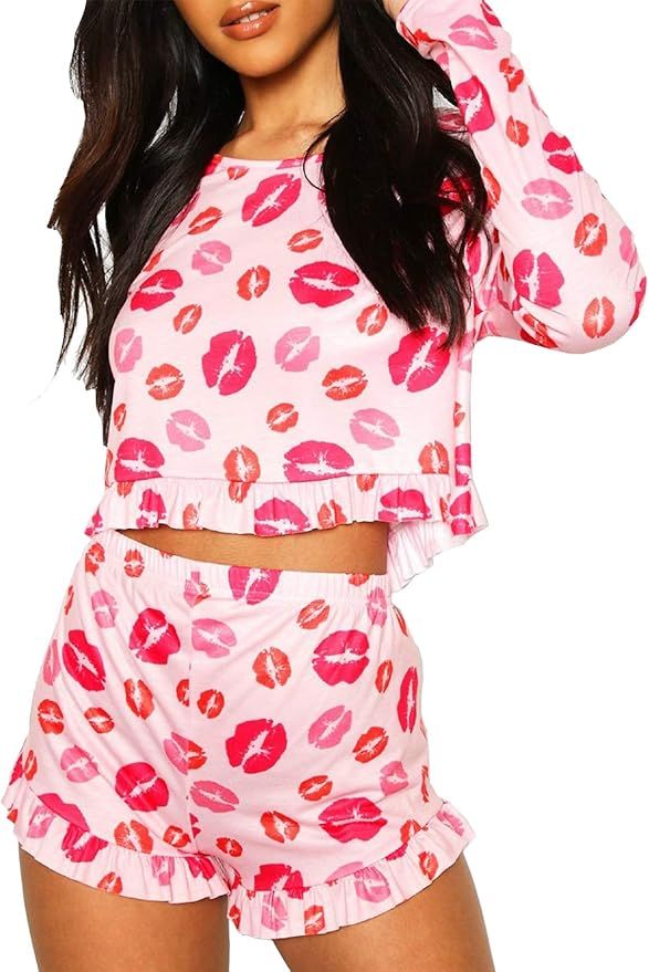 Artfish Women Soft Comfy Short Set Long Sleeve Pjs Cotton Lounge Graphic Cute Printed Loungewear | Amazon (US)