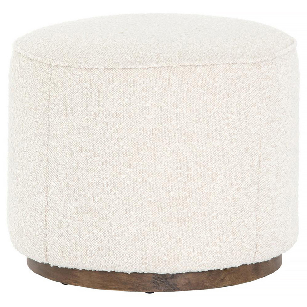 Leah Modern Classic Cream Performance Boucle Brown Wood Round Ottoman - Small | Kathy Kuo Home
