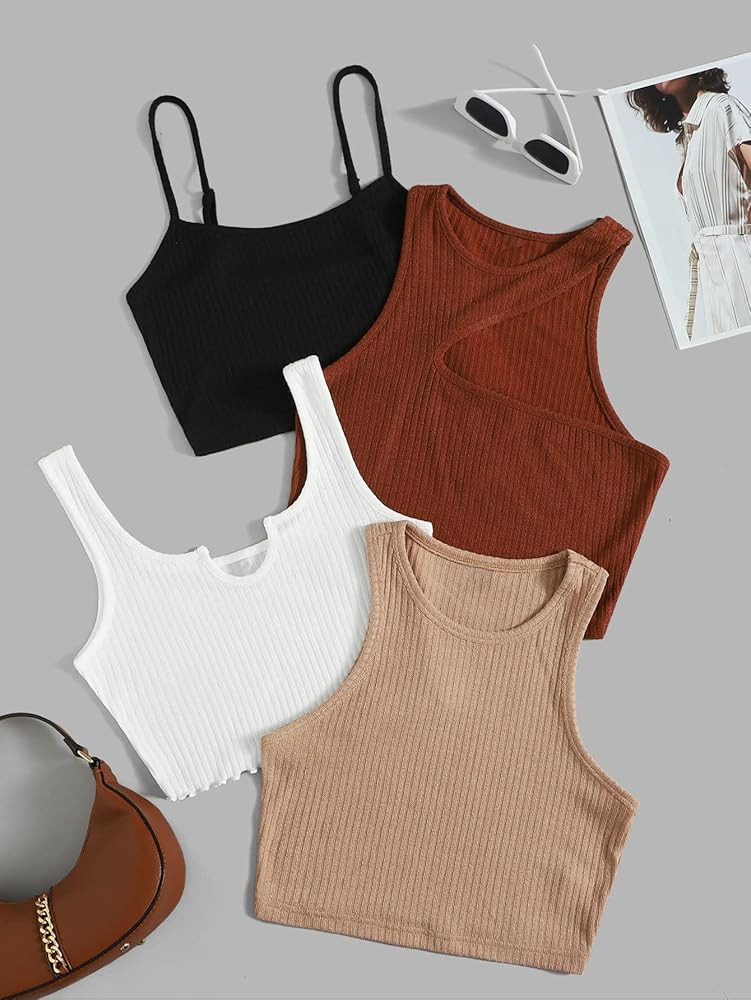 Milumia Women's 4 Pieces Ribbed Knit Sleeveless Crop Tank Tops Notch Neck Cami Tops | Amazon (US)