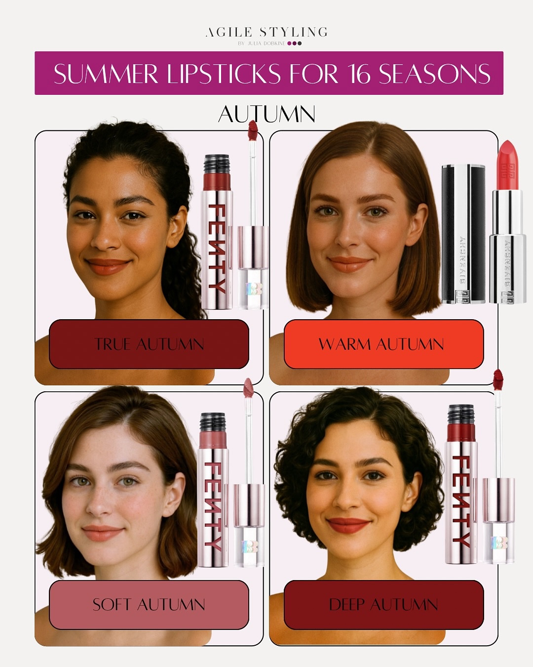 🍂 AUTUMN LIPSTICKS – EARTHY, WARM, GORGEOUS

Autumn palettes are rich, grounded, and sensual – just like the best fall coffee 🍁☕ Think burnt sienna, terracotta, spiced rose… From the deep, smoldering tones of Deep Autumn to the velvety softness of Soft Autumn – these lipsticks were picked to bring out the golden glow in your skin. Which Autumn are you?

✨ Find your match with a full color analysis – link in bio!

#AutumnSeason #TrueAutumn #SoftAutumn #WarmAutumn #DeepAutumn #ColorAnalysis #LipstickForYourSeason #AgileStyling #FallBeauty