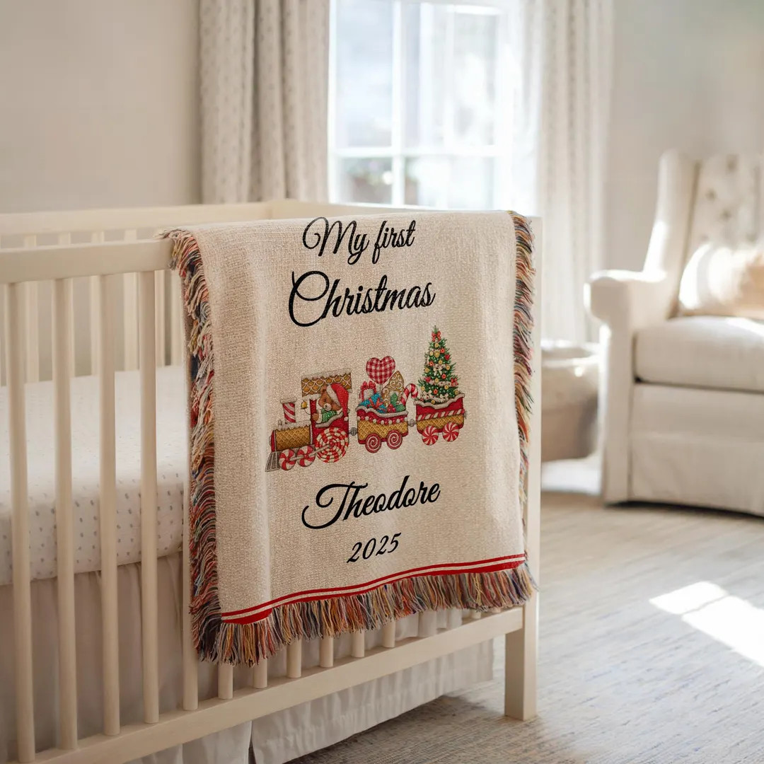Personalized Baby's First Christmas Blanket, Holiday Train Woven Throw, Custom Newborn Christmas ... | Etsy (US)