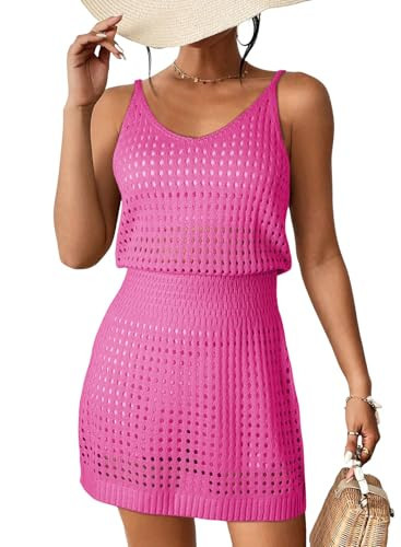 Dokotoo Bathing Suit Coverup for Women 2026 Summer Fashion Pool Sleeveless Spaghetti Straps Waist Crochet Hollow Out Knit Sexy Short Bikini Beach Dress Cruise Must Haves Hot Pink X-Large | Amazon (US)