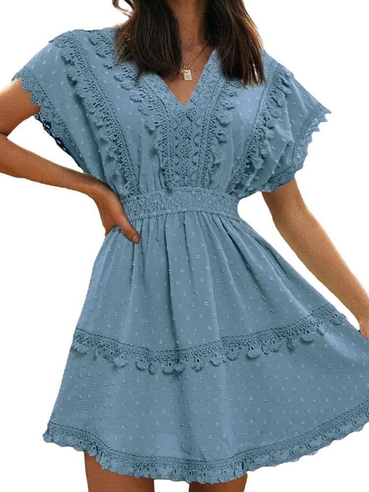 Vintagton Women's Summer Lace V Neck A Line Mini Sundress Casual Boho Swiss Dot Cap Sleeve Short ... | Amazon (US)