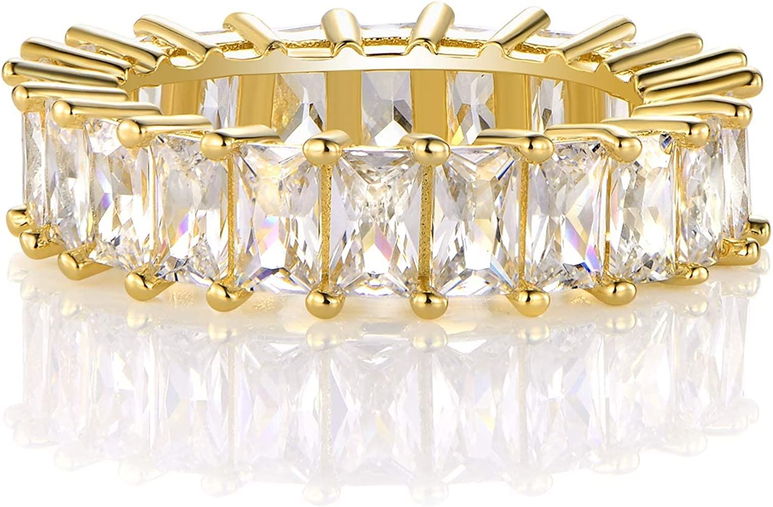 14K Gold Plated Ring Cubic Zirconia Emerald Cut Eternity Ring Band for Women Men | Amazon (US)