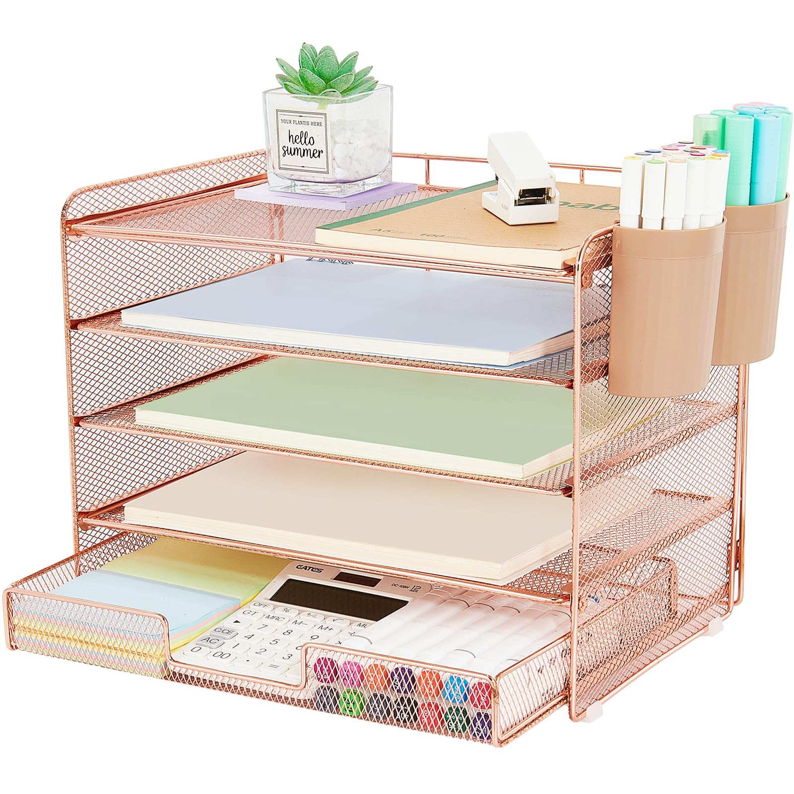 Desk Organizer and Accessories, 5-Tier Paper Letter Tray Organizer with Drawer & 2 Pen Holders fo... | Amazon (US)