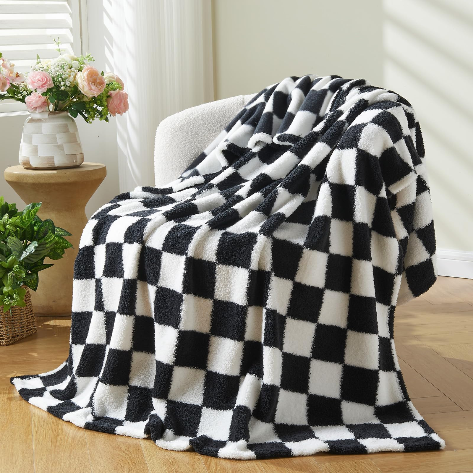 NEWCOSPLAY Knitted Black White Checkered Blanket Super Soft Plush Throw for Couch Fuzzy Fluffy Mi... | Amazon (US)