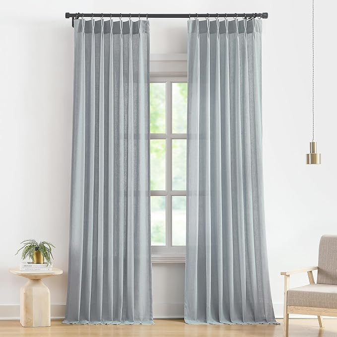 Vision Home Blue Fog Pinch Pleated Semi Sheer Curtains Textured Linen Blended Light Filtering Win... | Amazon (US)