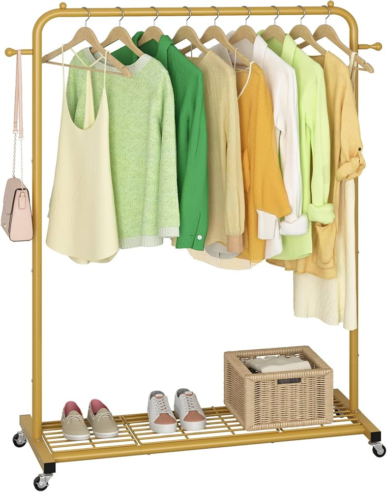 Sywhitta Clothes Rack on wheels, Clothing Rack with Bottom Mesh Storage Shelf,Sturdy Metal Frame,... | Amazon (US)