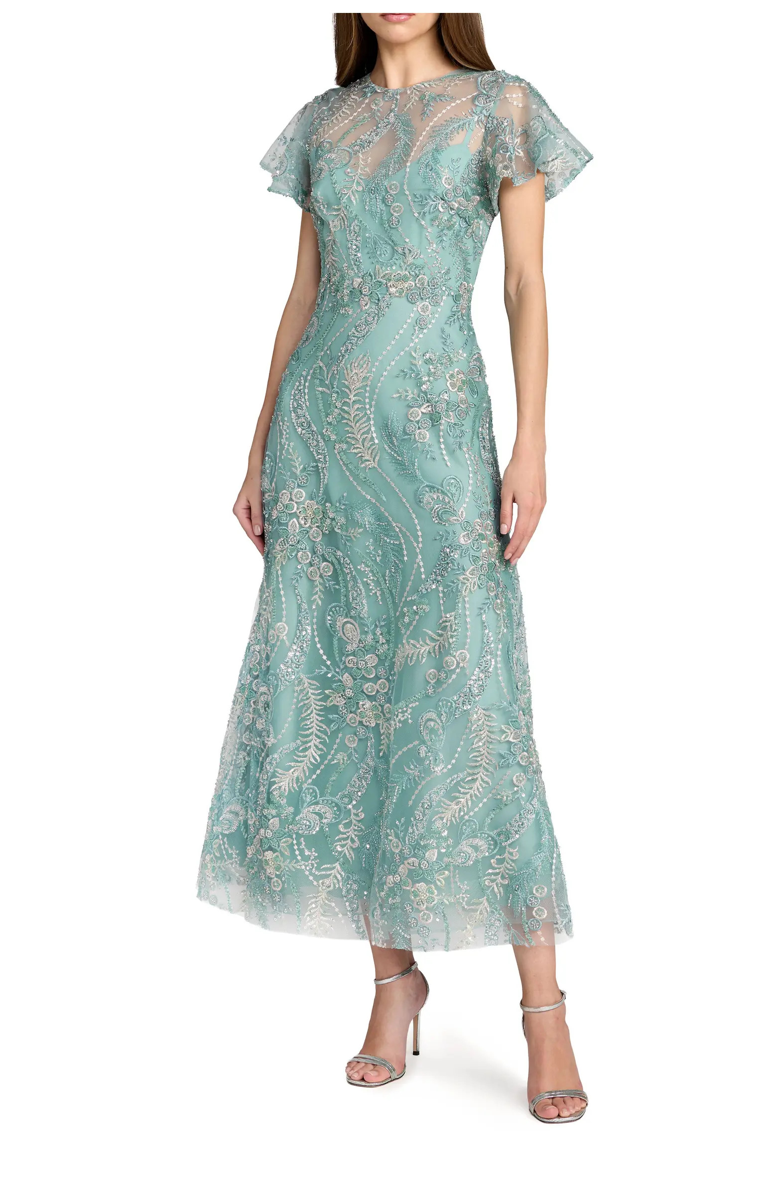Mac Duggal Floral Embroidered Mesh Flutter Sleeve Ankle Dress | Nordstrom | Nordstrom