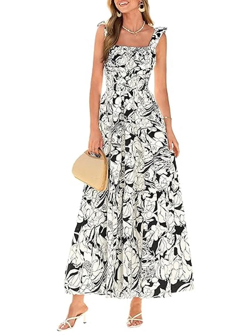 PRETTYGARDEN Floral Dress for Women Summer Boho Maxi Sundresses Smocked Long Flowy Spring Beach W... | Walmart (US)