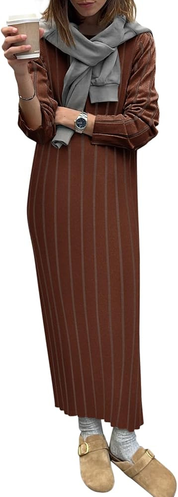 Yousify Womens 2024 Trendy Fall Long Sleeve Sweater Dresses Casual Round Neck Split Hem Bodycon S... | Amazon (US)