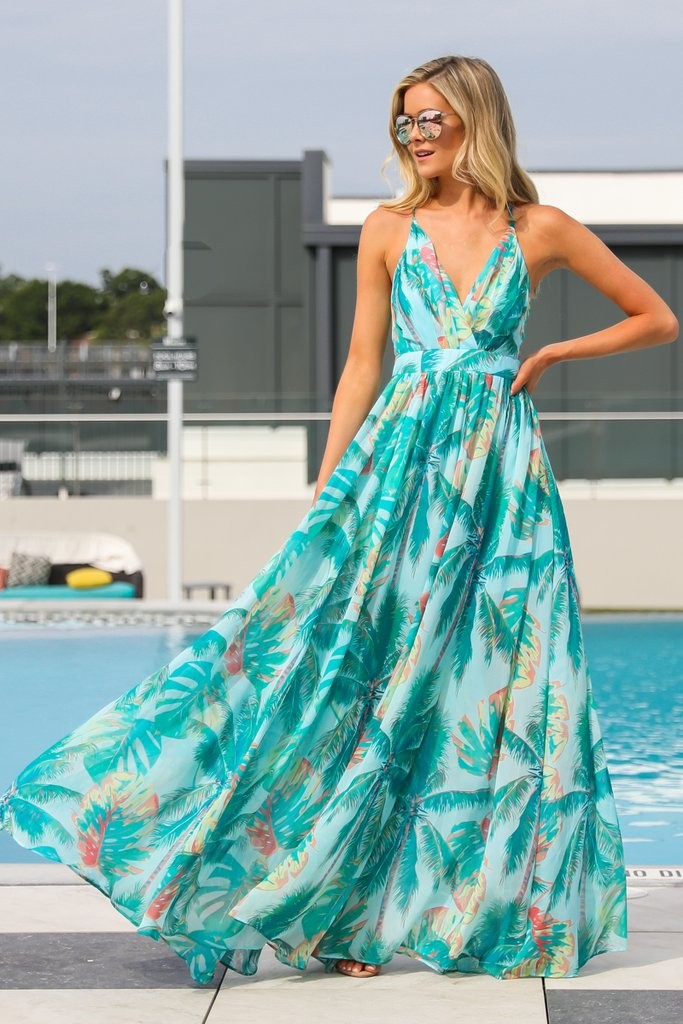 A Different View Turquoise Tropical Print Maxi Dress | Red Dress 