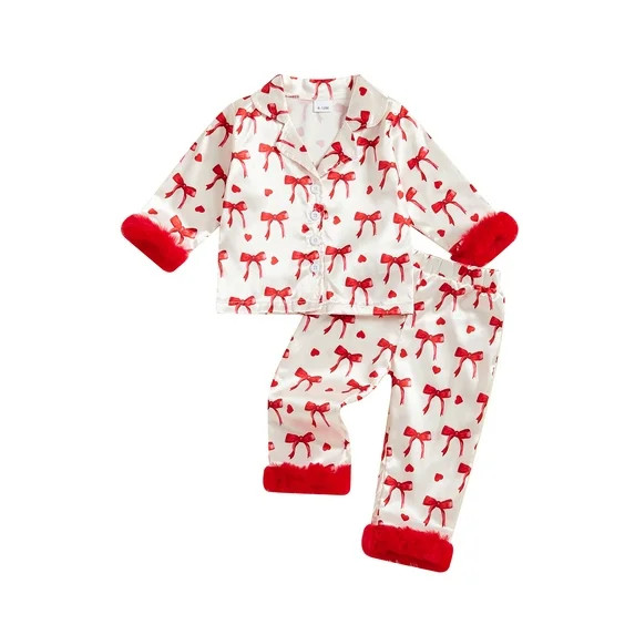 Elippeo Toddler Baby Girl Valentine Pajamas Sets Bow Print Plush Laple Long Sleeve Tops with Pant... | Walmart (US)