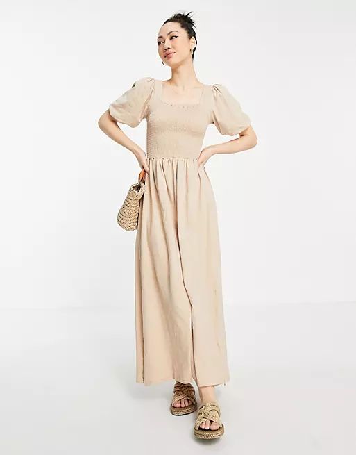 Vero Moda cotton shirred maxi dress with puff sleeves in beige - BEIGE | ASOS (Global)