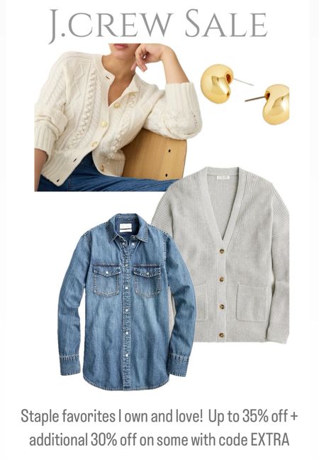 J.Crew Staple favorites I own and love!  Up to 35% off + additional 30% off on some with code EXTRA!

Gray cardigan, cream cable knit cardigan with gold buttons, lady jacket, gold earrings, snap denim shirt 

#LTKover40 #LTKSpringSale #LTKsalealert