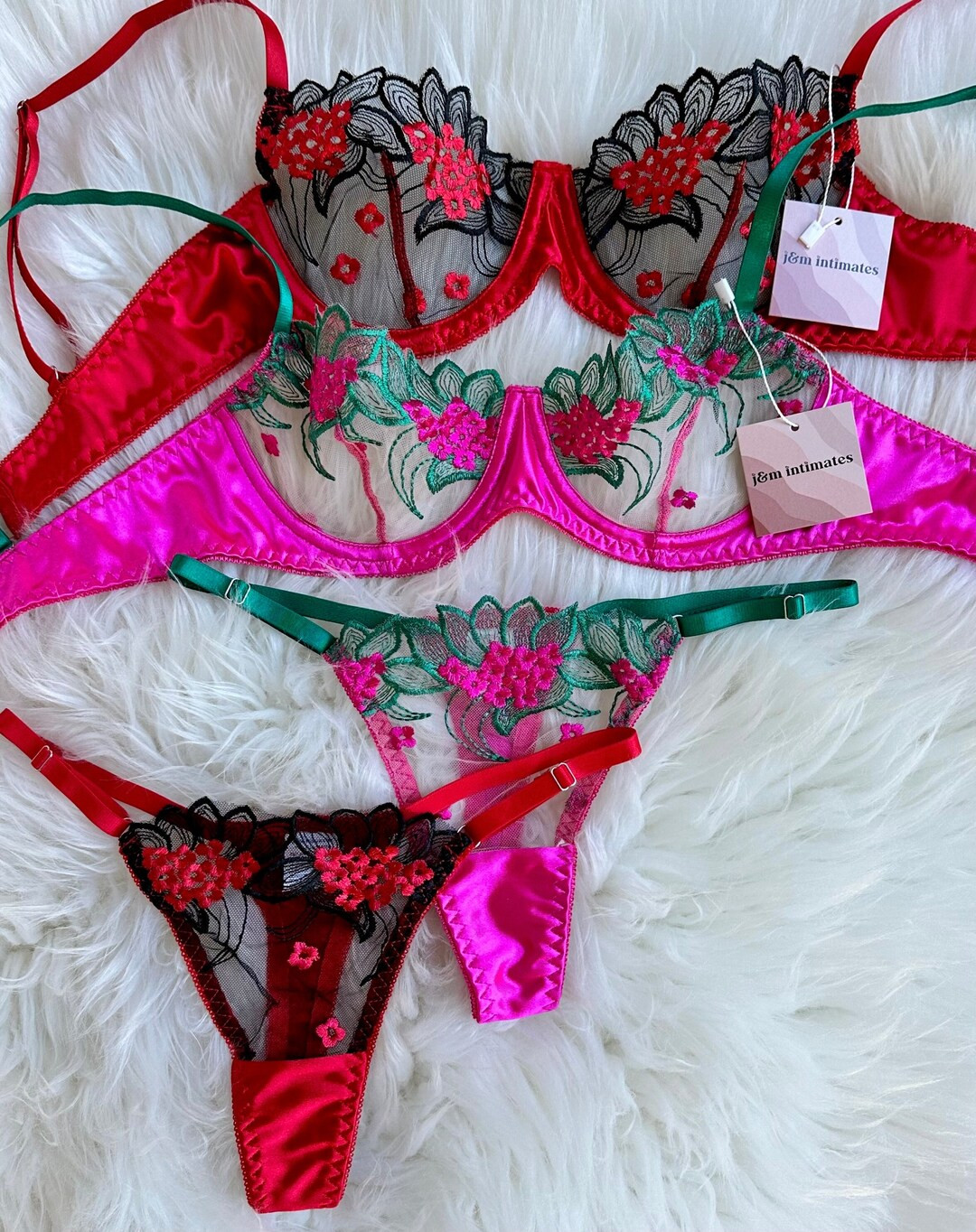 Vibrant Silky Floral Lace Embroidery Lingerie Set, Gift for Women - Etsy | Etsy (US)