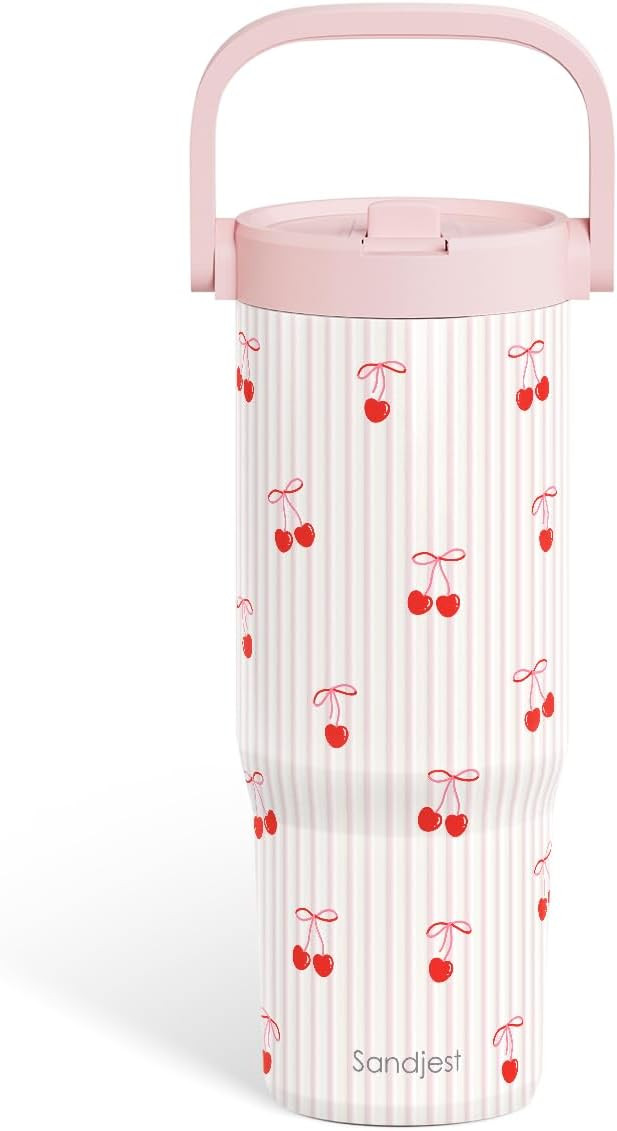 SANDJEST Cherry Stainless Steel Straw Lid Tumbler 30oz with Carry Handle for Women Girls, Aesthet... | Amazon (US)