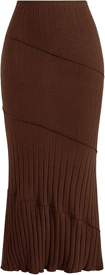 OYOANGLE Women's Plus Size High Waist Lettuce Hem Skirts Ribbed Knit Solid Slim Fit Long Skirt | Amazon (US)