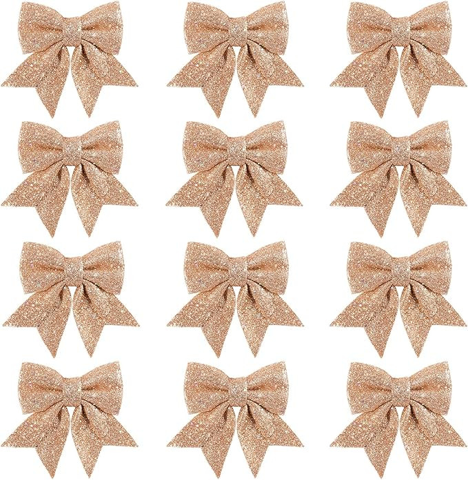 Amazon.com: Whaline 12pcs Christmas Bow Decorations, Glitter Rose Gold Wreaths Bows, Small Christ... | Amazon (US)