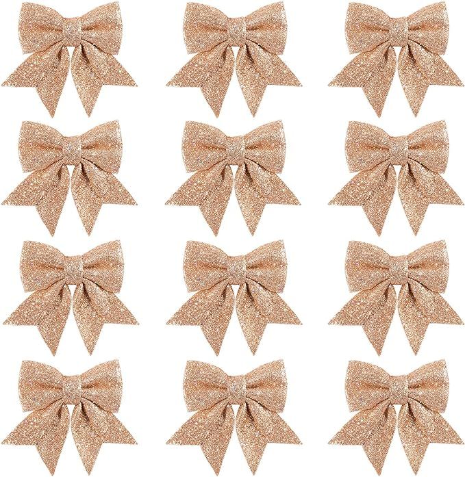 Whaline 12pcs Christmas Bow Decorations, Glitter Rose Gold Wreaths Bows, Small Christmas Tree Bow... | Amazon (US)