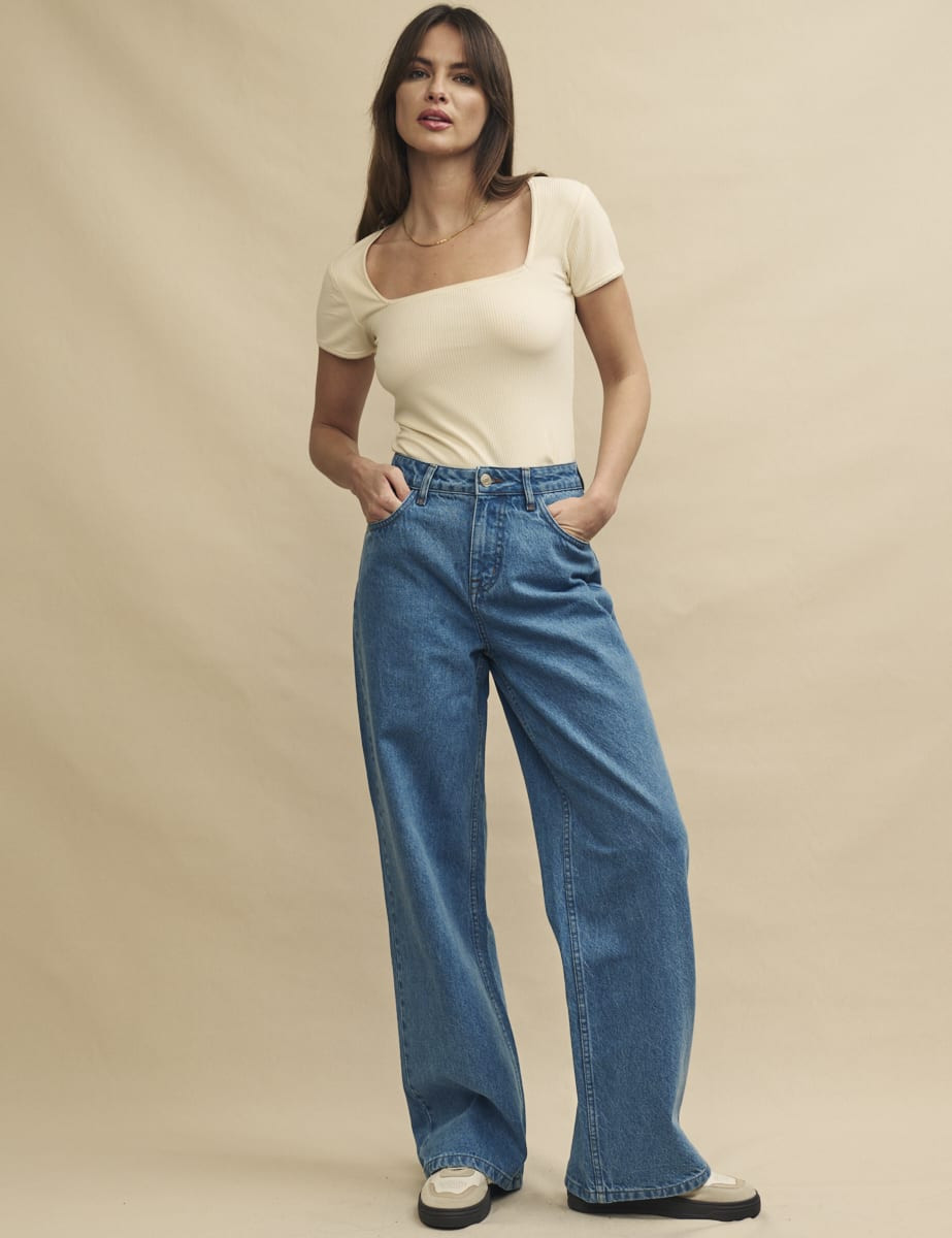Blue Mid Wash Denim High Rise Wide Leg Jeans | Nobody's Child