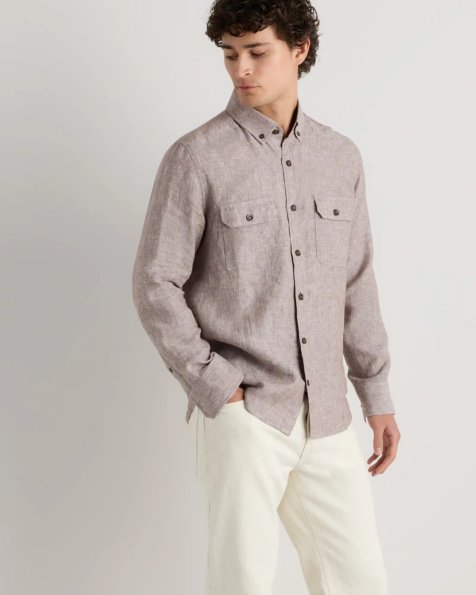 100% European Linen Utility Shirt in Taupe Brown Chambray | Quince