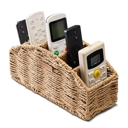 Mokof Handwoven Remote Control Holder Basket, Boho Desk Organizer with 5-Compartment Storage TV Remotes, Office Supplies for Living Room, Bedroom, Office | Amazon (US)