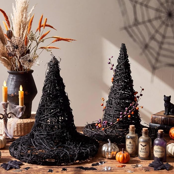 2 Pcs Halloween Rattan Witch Hat Table Decor Wicker Witch Hat Decor | Amazon (US)