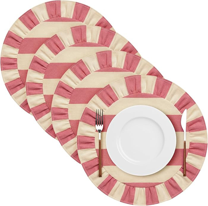 Pink & White 4Pcs Cotton Scalloped Round Placemat | Amazon (US)