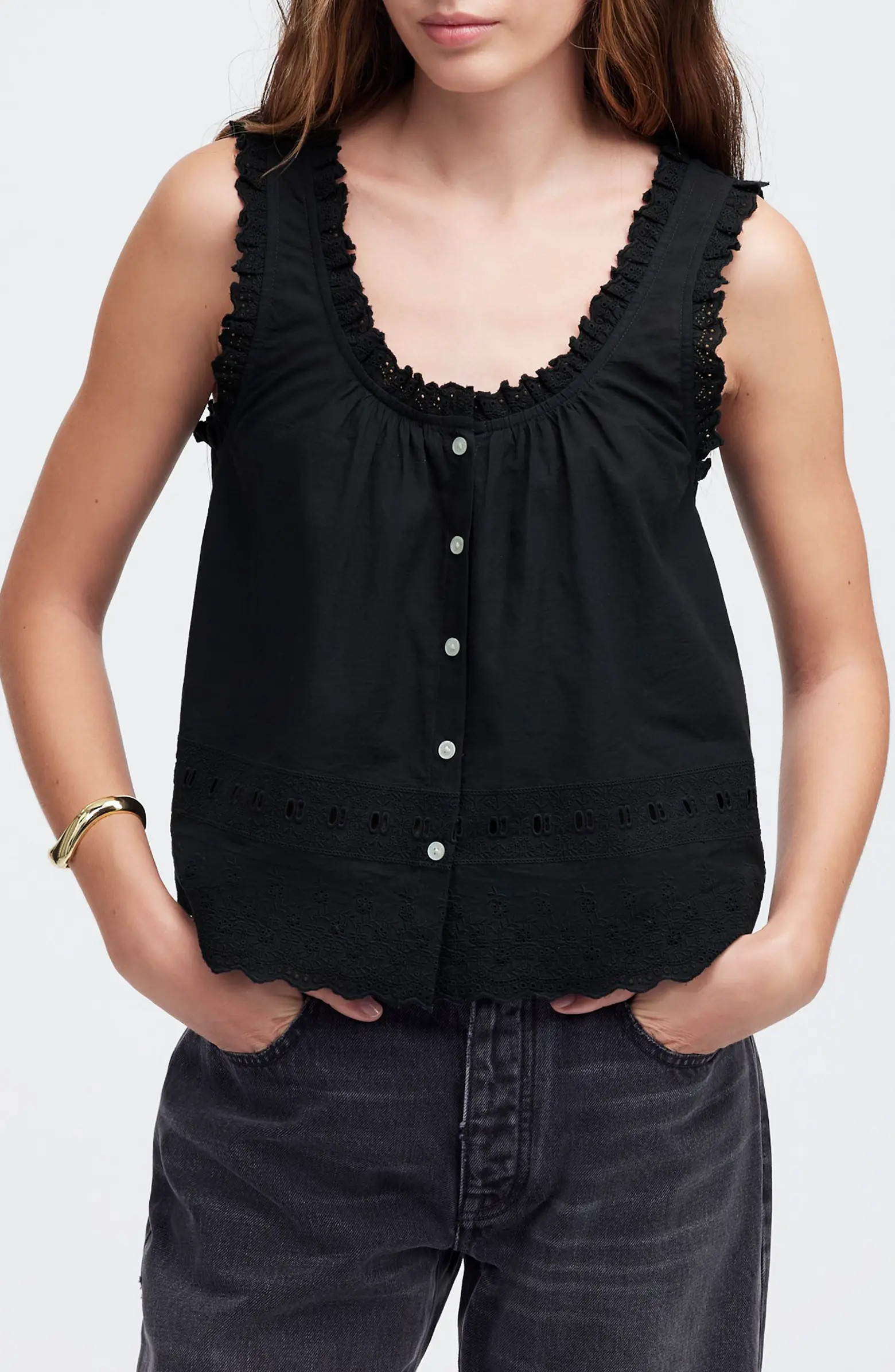 Embroidered Ruffle Trim Sleeveless Top | Nordstrom