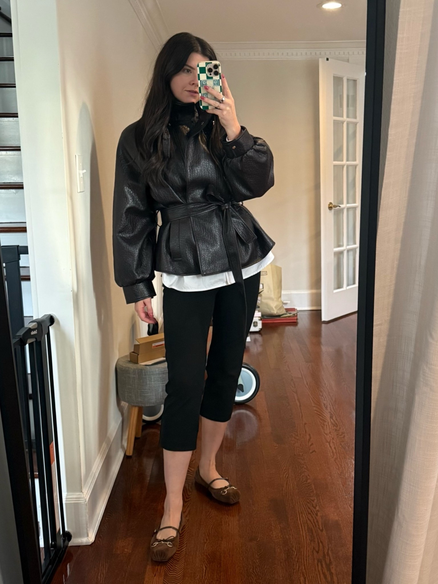 Chicest funnel neck leather jacket, capri pants, Gucci flats, belted leather jacket, faux leather jacket, brown ballet flats

#LTKshoes #LTKautumn