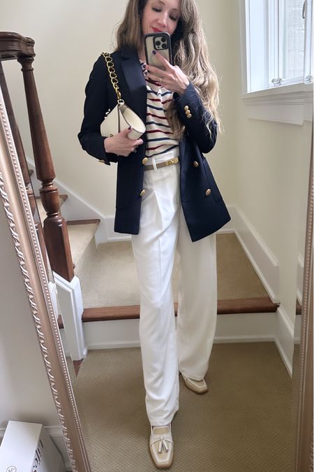 Summer look with marinere striped top , white pants and navy blazer plus the perfect raffia loafers 😍