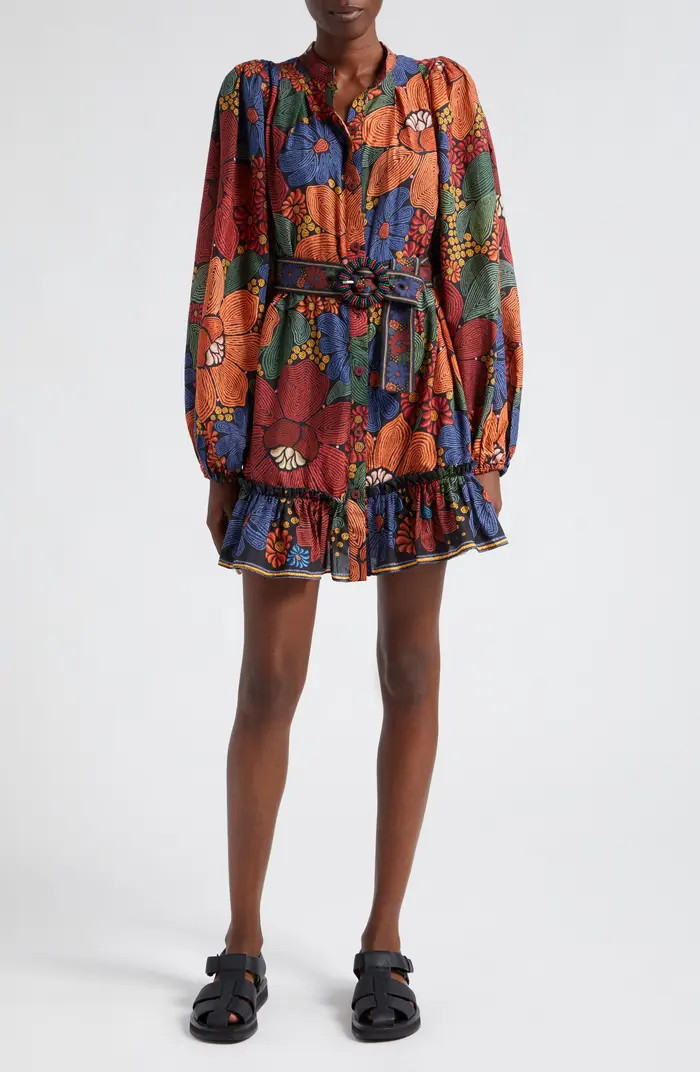 FARM Rio Stitched Flowers Print Belted Long Sleeve Mini Shirtdress | Nordstrom | Nordstrom