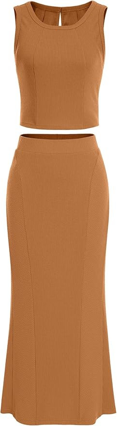 PRETTYGARDEN Womens Summer Two Piece Outfits Ribbed Crewneck Sleeveless Cropped Tank Tops and Bod... | Amazon (US)