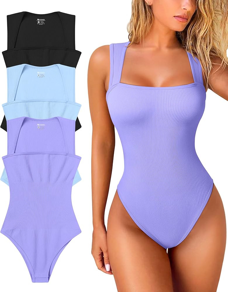 OQQ Women's 3 Piece Bodysuits Sexy Ribbed Strappy Square Neck Sleeveless Tummy Control Tank Tops ... | Amazon (US)
