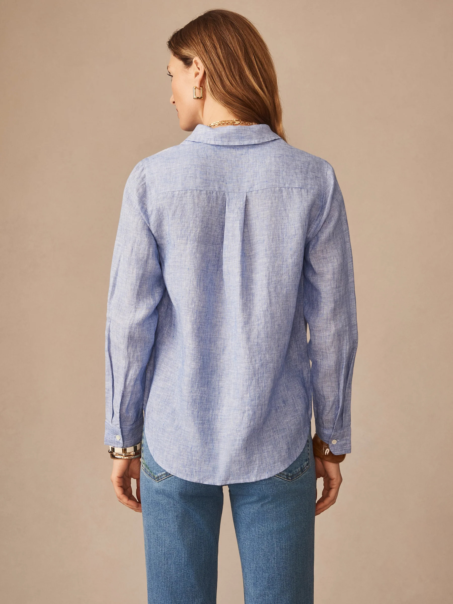 Denim/White Stripe Britt March Linen Shirt | Women's Tops | J.McLaughlin | J.McLaughlin