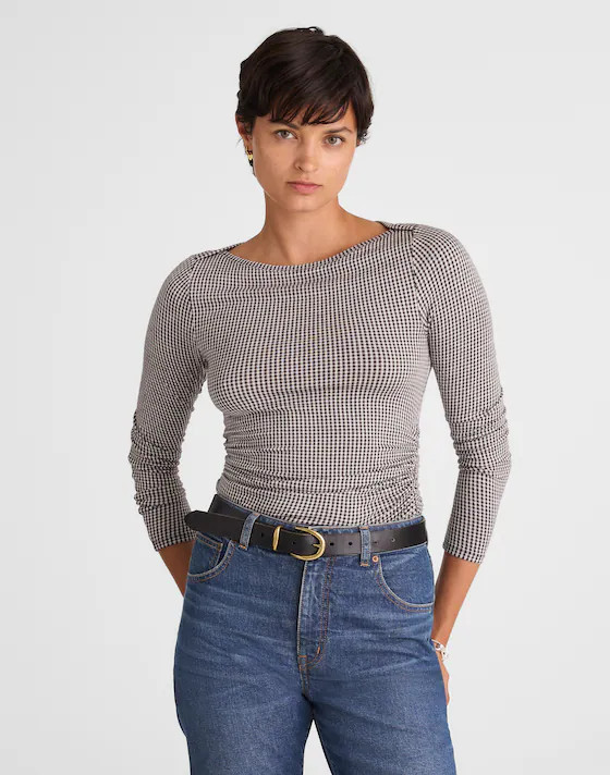Ruched Crewneck Long-Sleeve Tee in Check Jacquard | Madewell