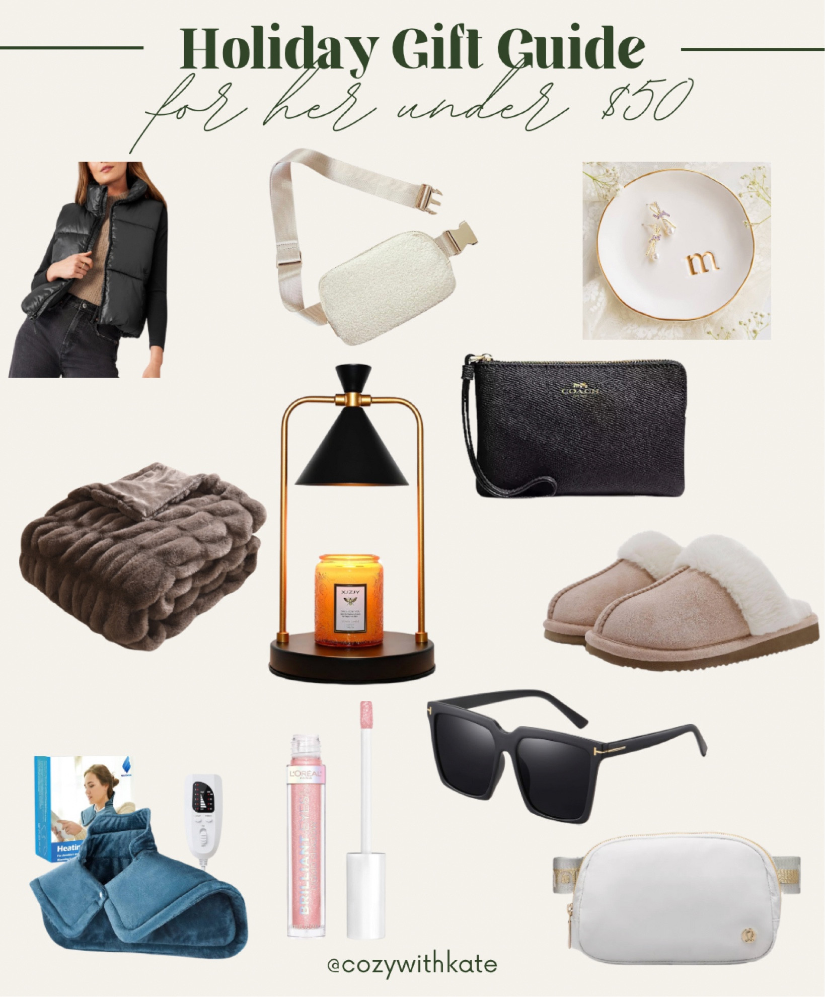Gift guide for her under $50! 

Candle warmer | slippers | Amazon finds |  neck warmer | sunglasses | everywhere belt bag | vest | lip gloss | make up | coach bag | blanket | Walmart finds | 

#LTKHoliday #LTKfindsunder50 #LTKGiftGuide