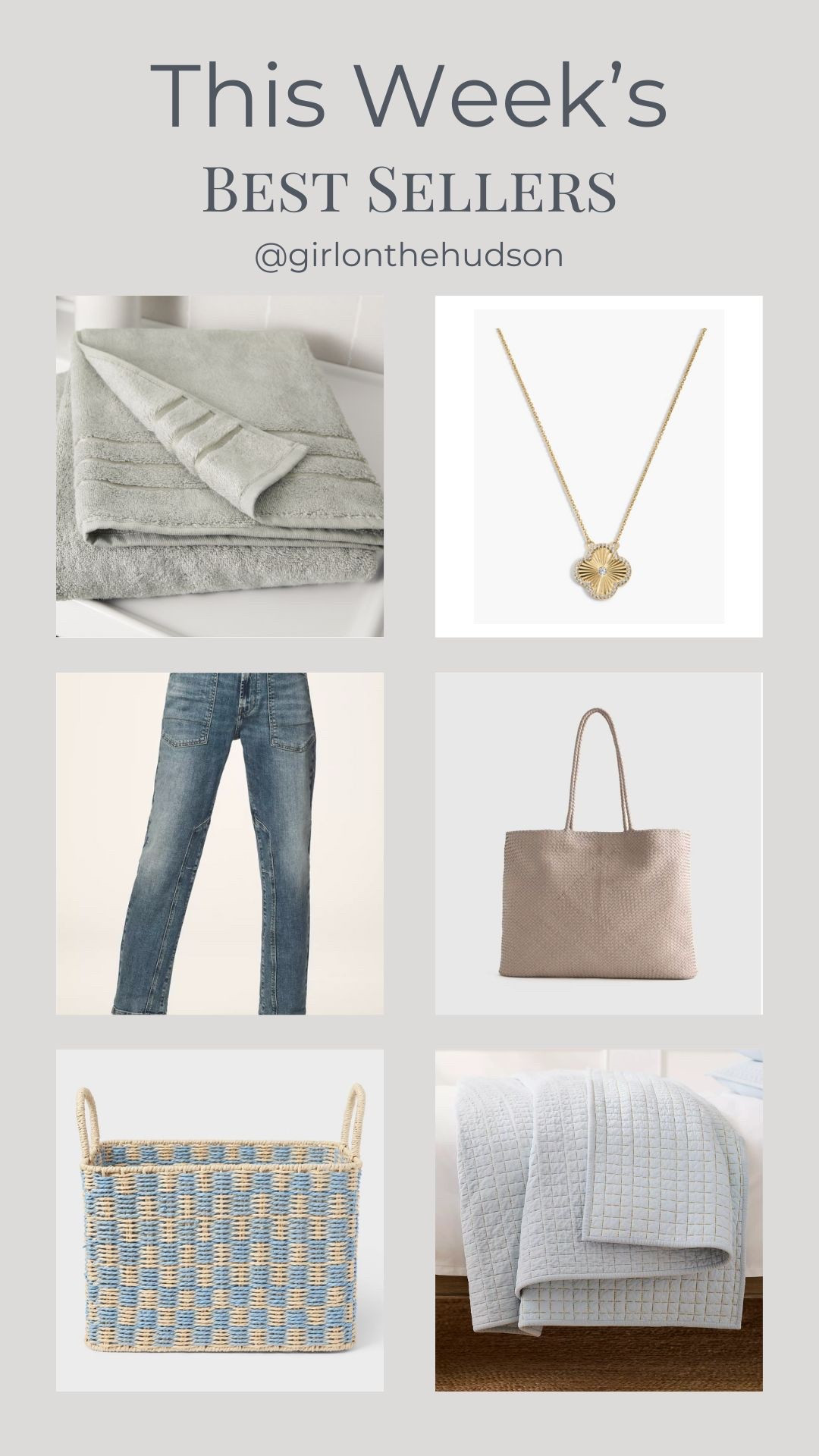 This week’s best sellers! 

The best towels you’ll ever own, my favorite Serena & Lily quilt (on clearance!!), my everyday jeans, the prettiest necklace, a gorgeous leather woven tote and cute affordable storage baskets from Target!

#LTKootd #LTKHome #LTKSaleAlert