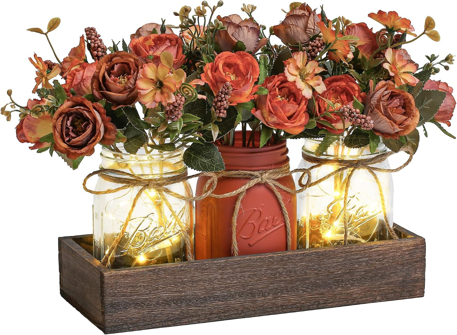 3 Pcs Mason Jar Centerpiece Table Decorations for Dining Table Decor Farmhouse Coffee Table Decor with Wood Tray and Led Light Table Centerpieces for Dining room Kitchen Living Bathroom,Orange | Amazon (US)