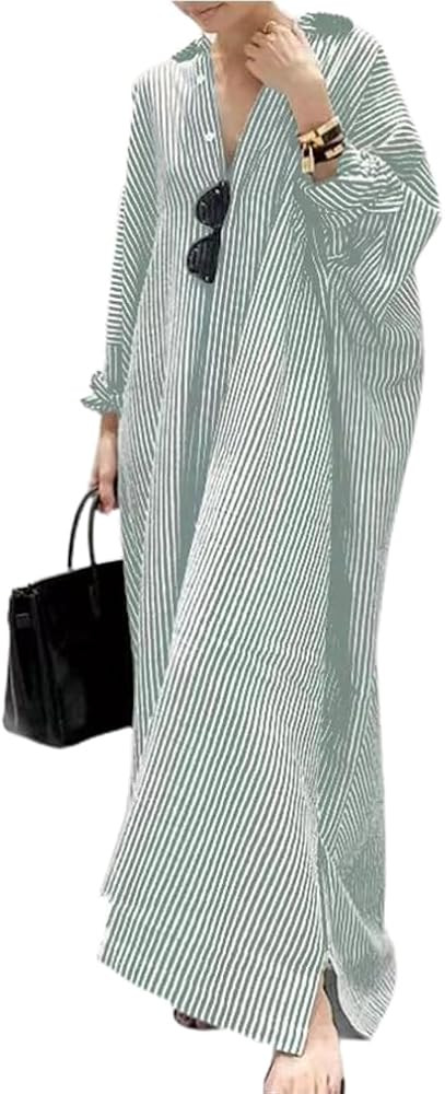 GGUHHU Womens Oversize Casual Maxi Striped Cotton Shirt Dress Loose Button Down Long Blouse Dress... | Amazon (US)