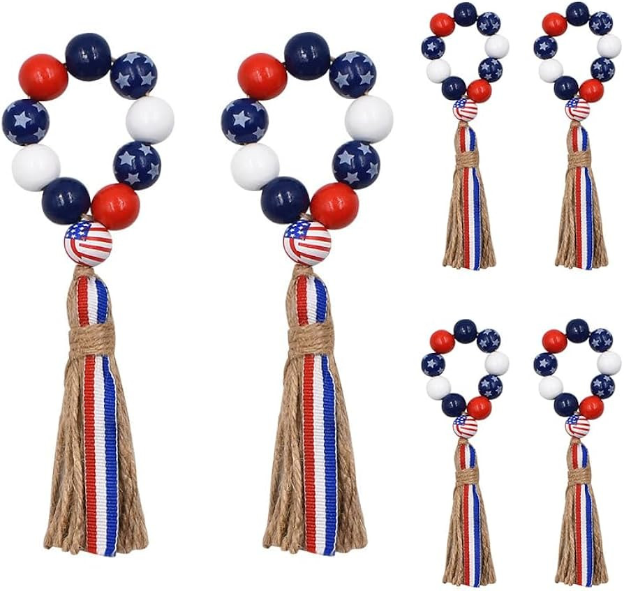Patriotic Napkin Rings Set of 6,Wood Bead Napkin Holder Ring with Rope Tassel Farmhouse Wooden Be... | Amazon (US)