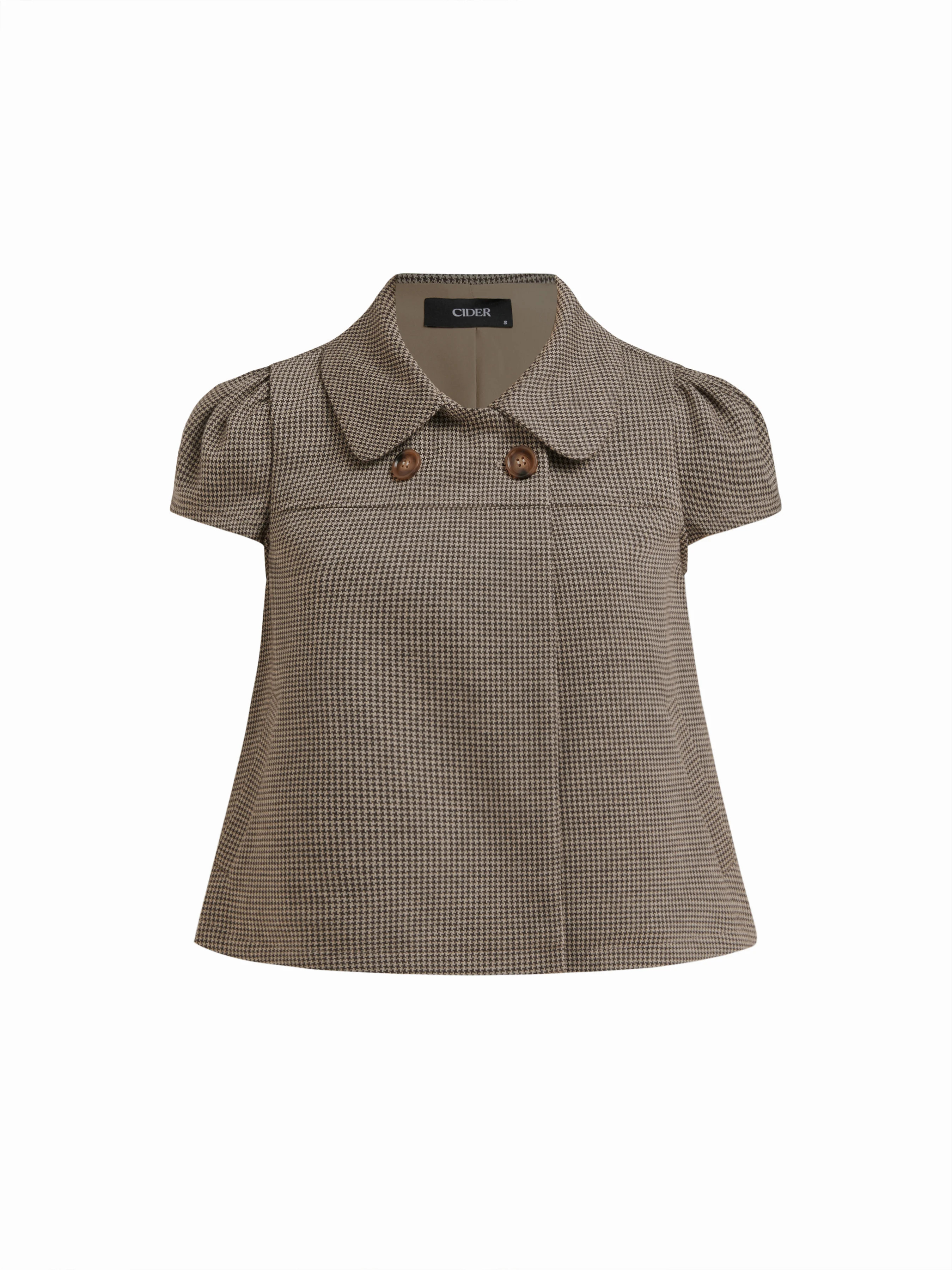 Peter Pan Collar Houndstooth Button Short Sleeve Blouse | Cider