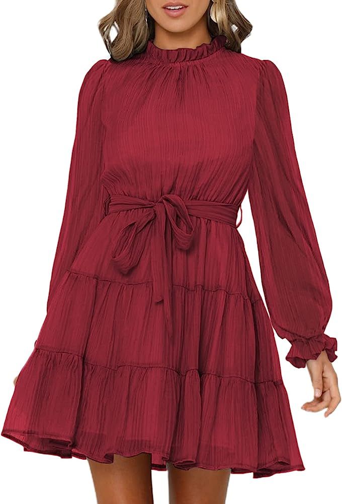 FARYSAYS Women's Dresses for Women 2022 Long Sleeve Ruffle Waist Tie Casual Mini Swing Dress | Amazon (US)