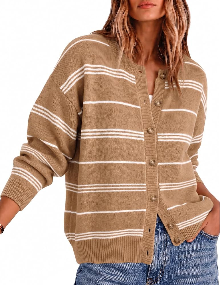 Womens Striped Cardigan Button Up Chunky Open Front Oversized Knit Sweater | Amazon (US)