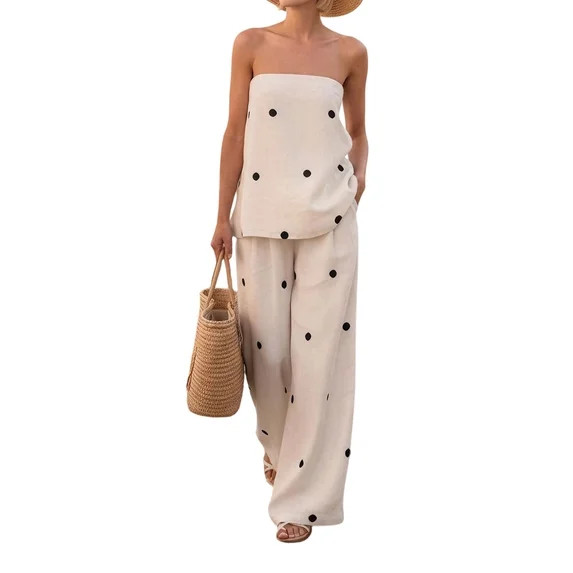 Jaimenalin Women'S Polka Dot 2 Piece Outfits Spot Strapless Tube Top High Waist Wide Leg Pants Lo... | Walmart (US)